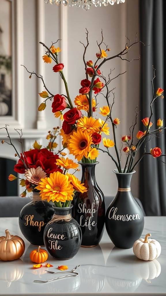 Schicke Vasen mit bunten Herbstblumen und kleinen Kürbissen auf einem Tisch