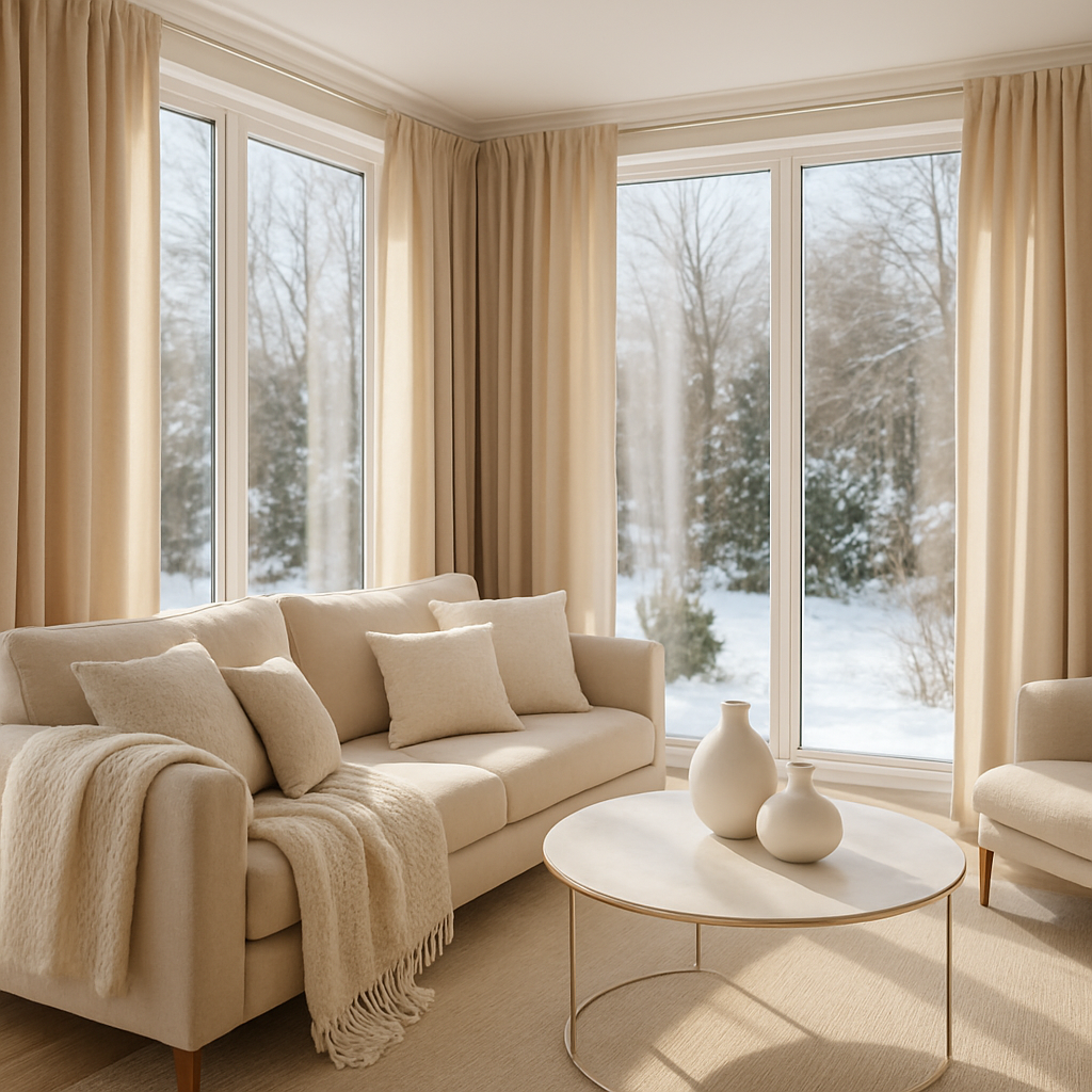 Ein moderner Wintergarten mit beigen Vorhängen, einem hellen Sofa und einer winterlichen Aussicht durch große Fenster.