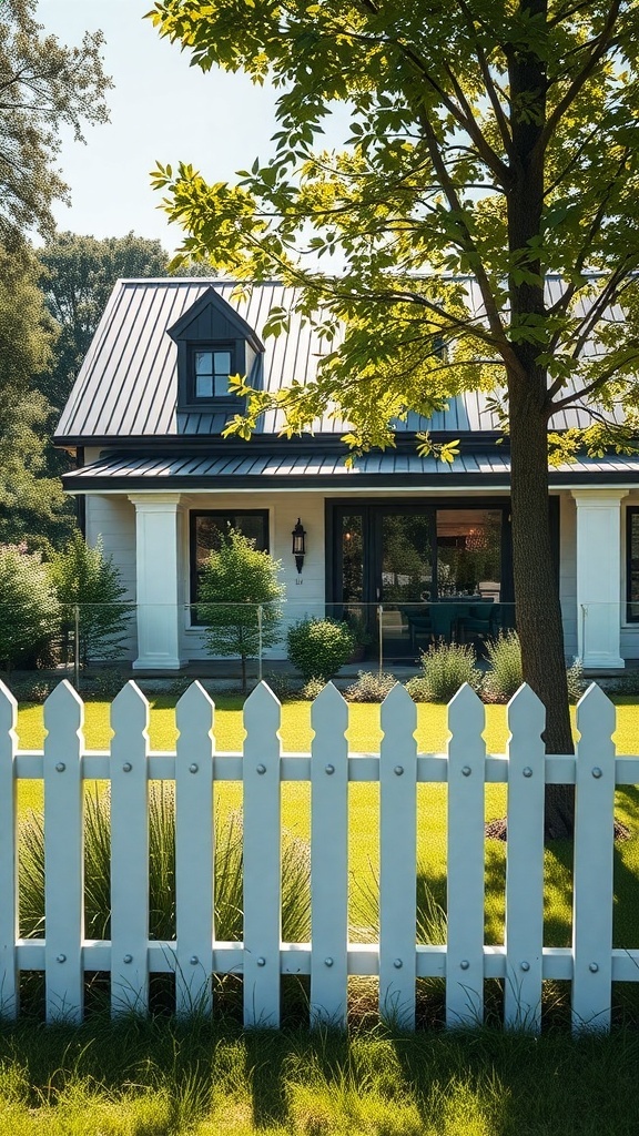 Weißer Zaun um ein modernes Bauernhaus mit grünem Rasen und Bäumen