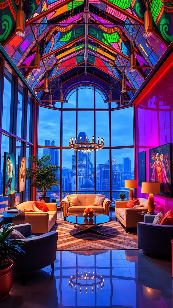 Ein farbenfrohes Wohnzimmer mit bunten Fenstern, modernen Möbeln und einem Blick auf die Stadt.