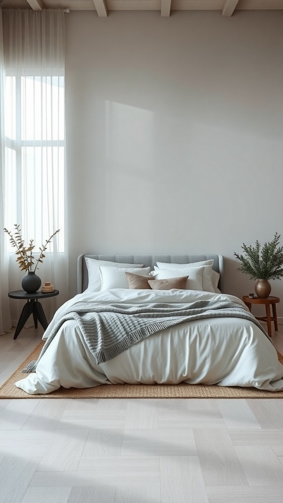 Minimalistisches Schlafzimmer mit beruhigenden Farbschemata, großen Fenstern und Pflanzen