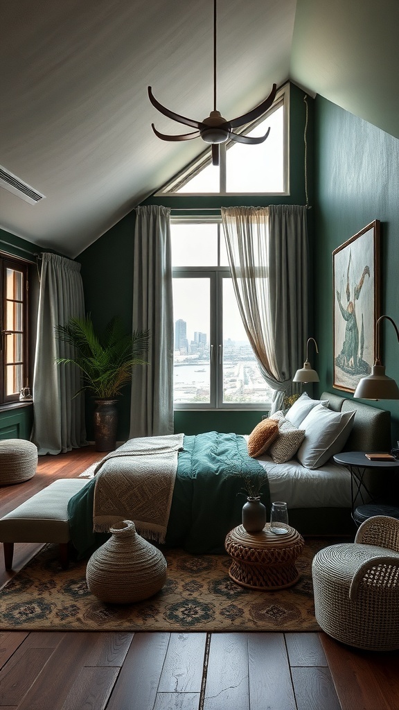 Boho-Stil Schlafzimmer mit dunklen grünen Wänden, großen Fenstern und gemütlicher Einrichtung