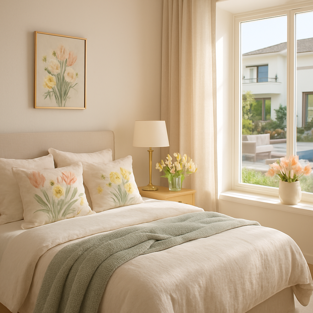 Ein stilvolles Schlafzimmer mit beruhigenden Farbtönen, floralen Kissen und einem großen Fenster.