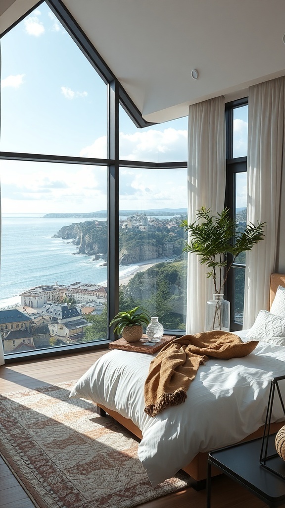 Schlafzimmer mit großen Fenstern und Blick auf das Meer und die Küste
