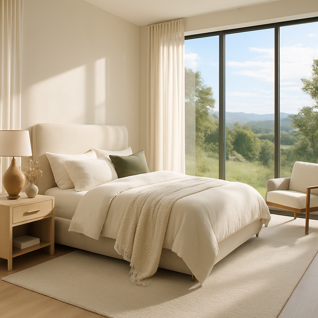 Helles Schlafzimmer mit großen Fenstern und Blick auf die Natur