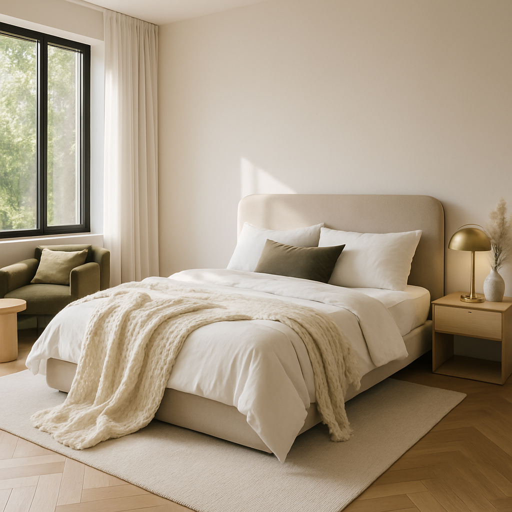Modernes Schlafzimmer mit Holzfußboden, hellem Bett und eleganten Möbeln