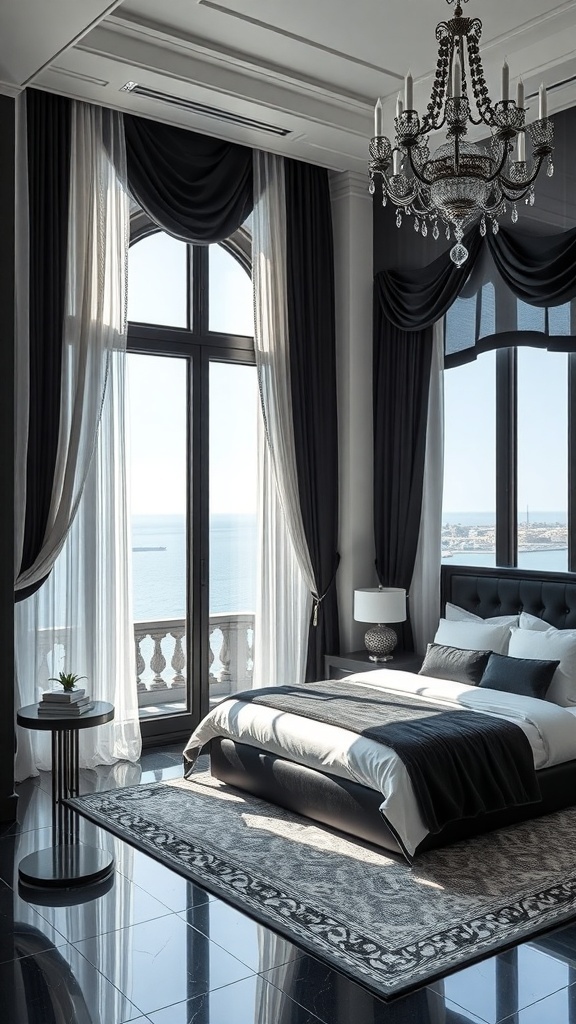 Luxuriöses Schlafzimmer mit eleganten Vorhängen und Meerblick