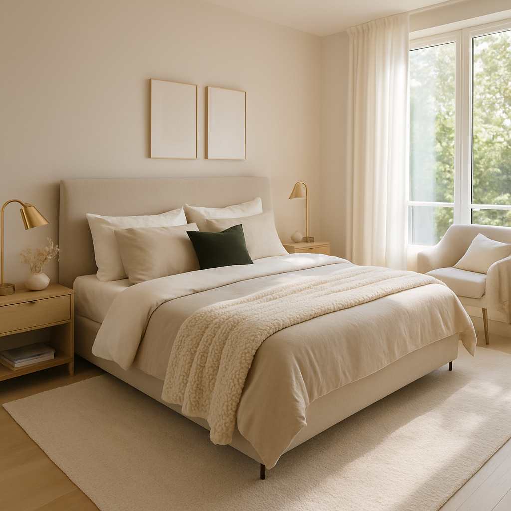 Ein modernes Schlafzimmer mit neutralen Farben, einem bequemen Bett und einem Sessel, der für Entspannung sorgt.