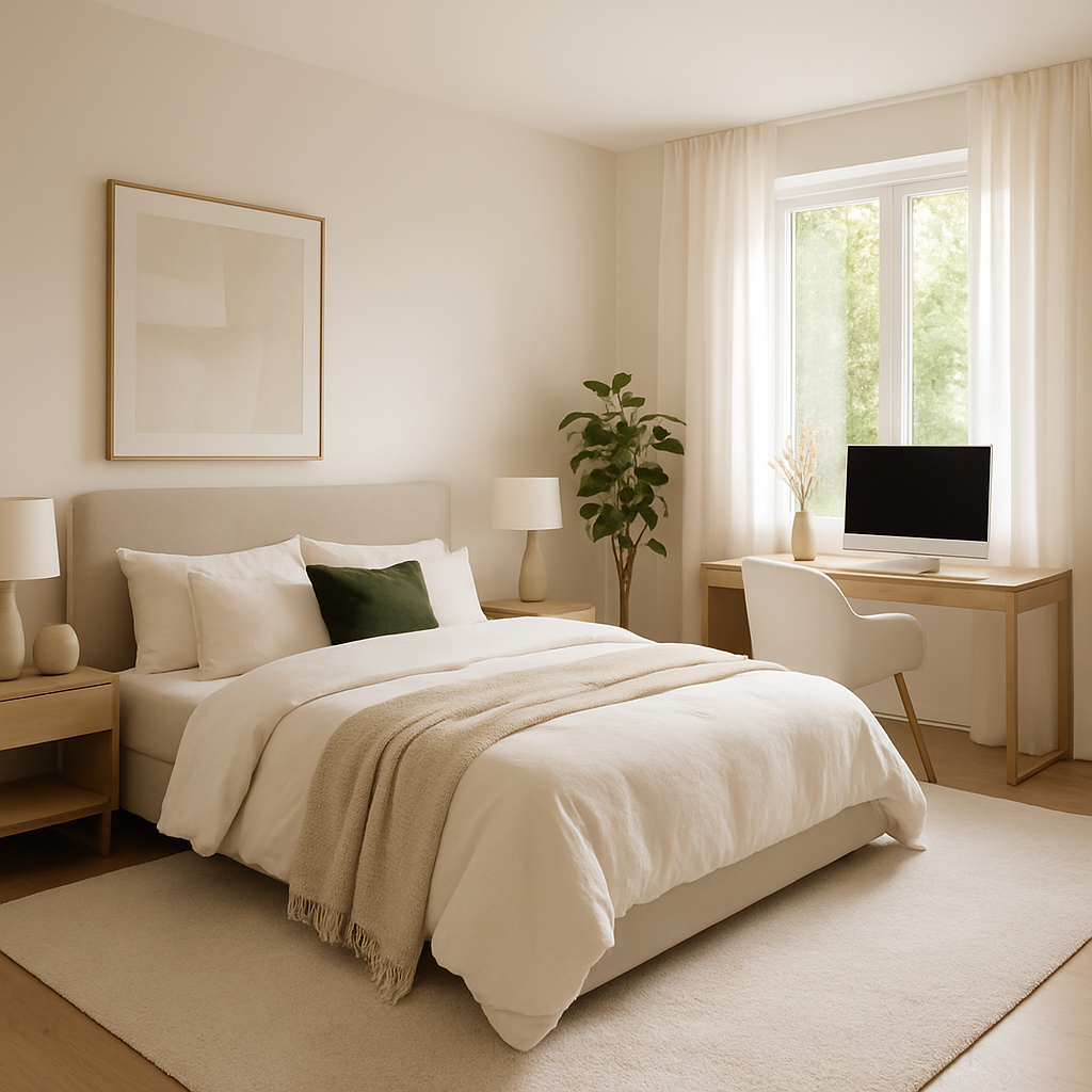 Ein modernes Schlafzimmer mit einem integrierten Arbeitsplatz, einem gemütlichen Bett und einem Schreibtisch.