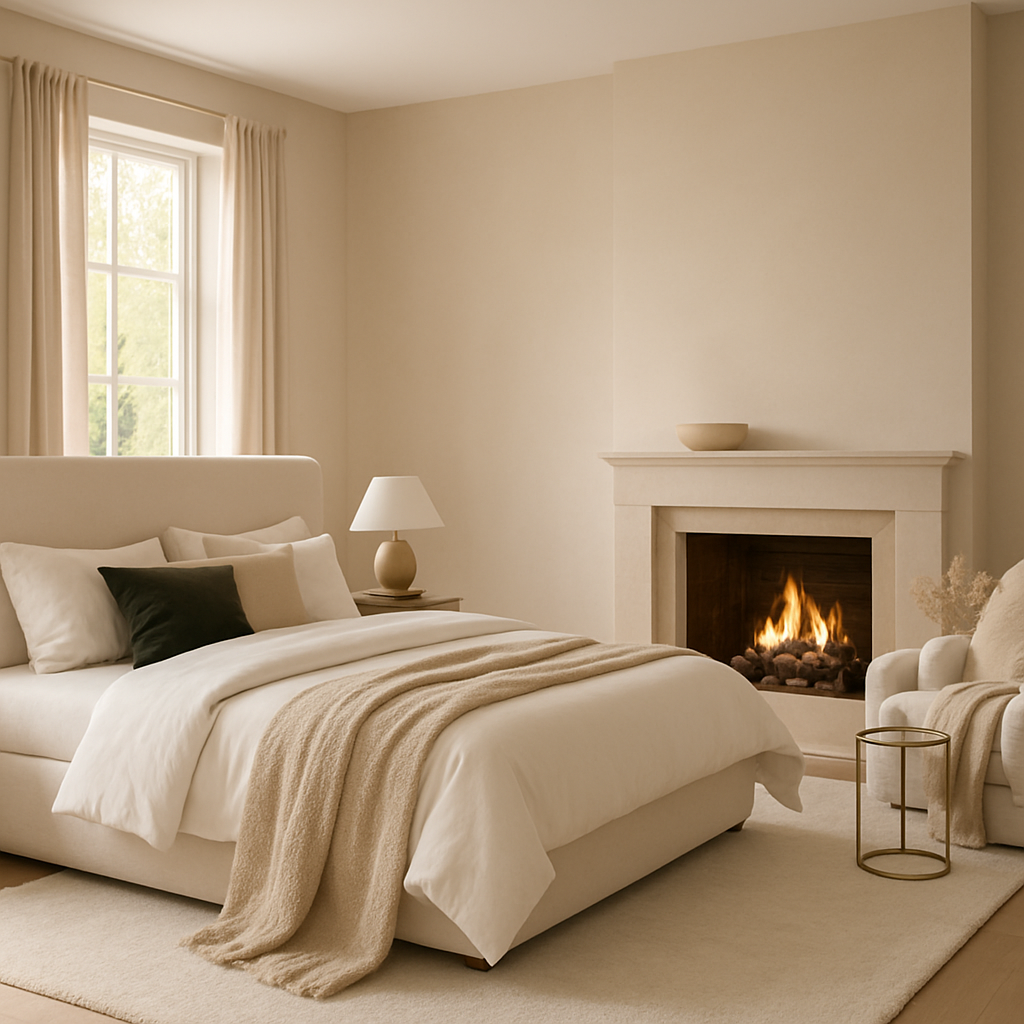 Gemütliches Schlafzimmer mit Kamin und moderner Einrichtung