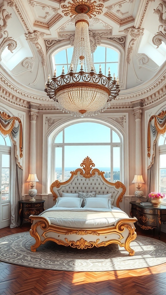 Luxuriöses Schlafzimmer mit opulentem Kronleuchter und elegantem Bett