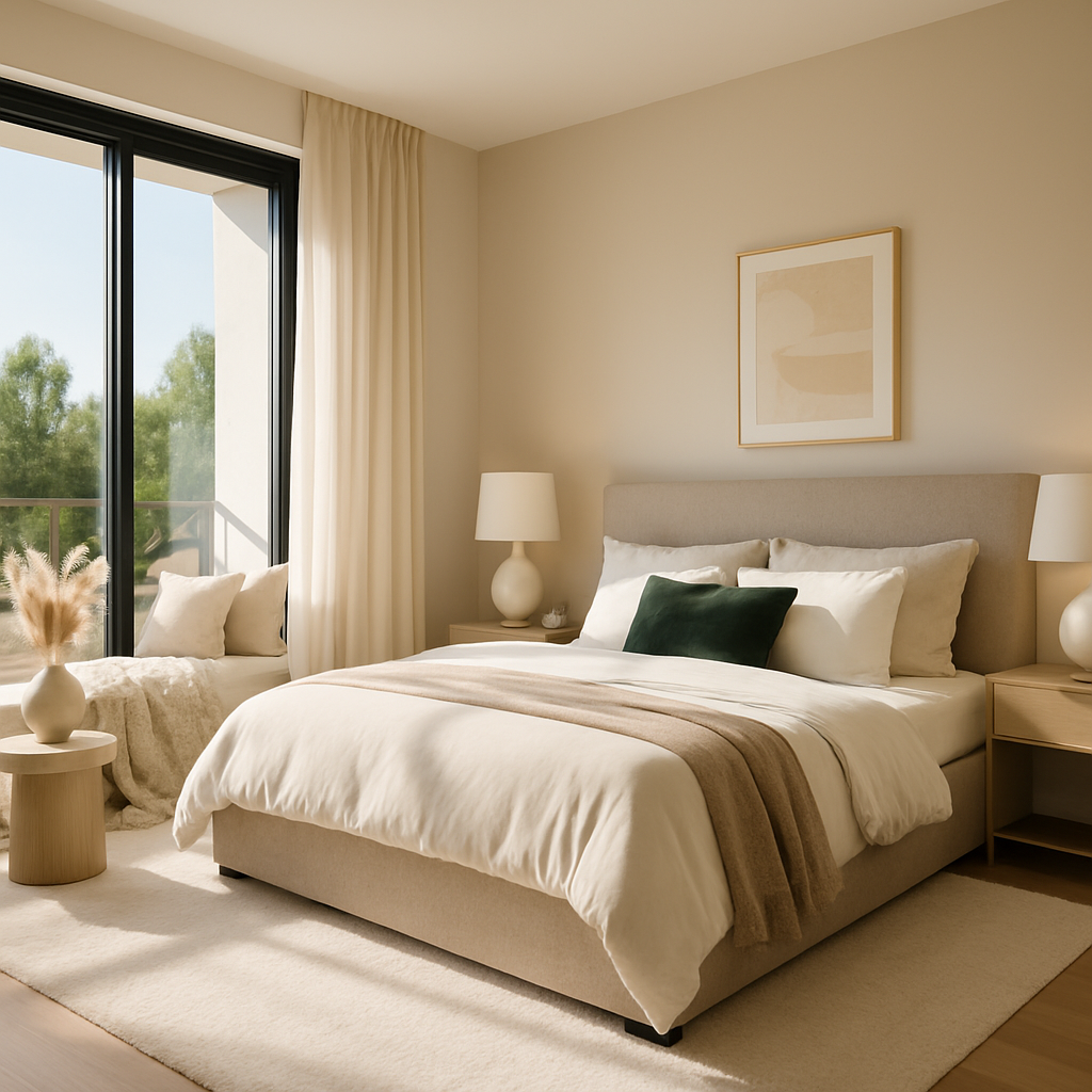 Helles Schlafzimmer mit großen Fenstern und Zugang zum Freien, minimalistischem Design und gemütlicher Einrichtung.