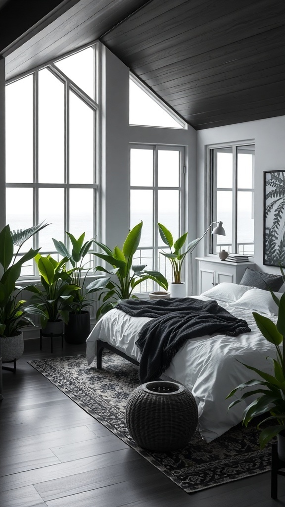 Ein stilvolles Schlafzimmer mit großen Fenstern und vielen Pflanzen