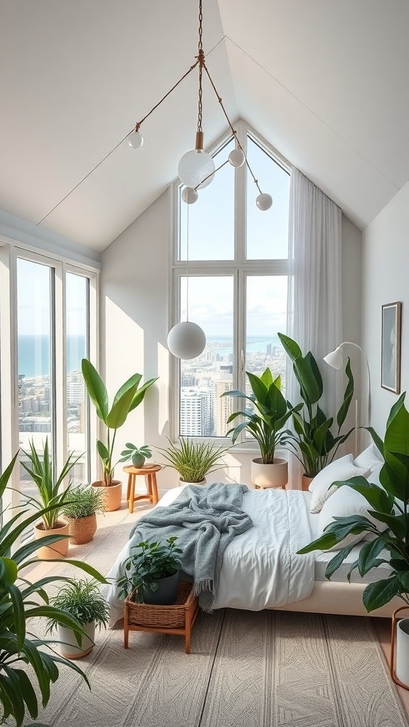 Ein modernes Schlafzimmer mit vielen Pflanzen, großen Fenstern und einem gemütlichen Bett.