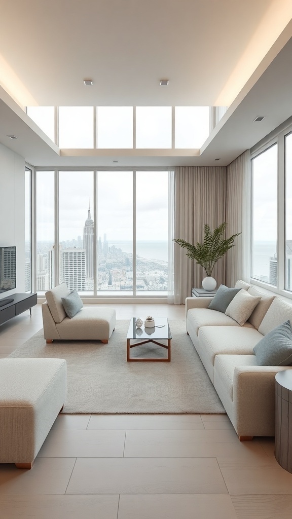 Modernes Wohnzimmer mit großen Fenstern und minimalistischen Möbeln