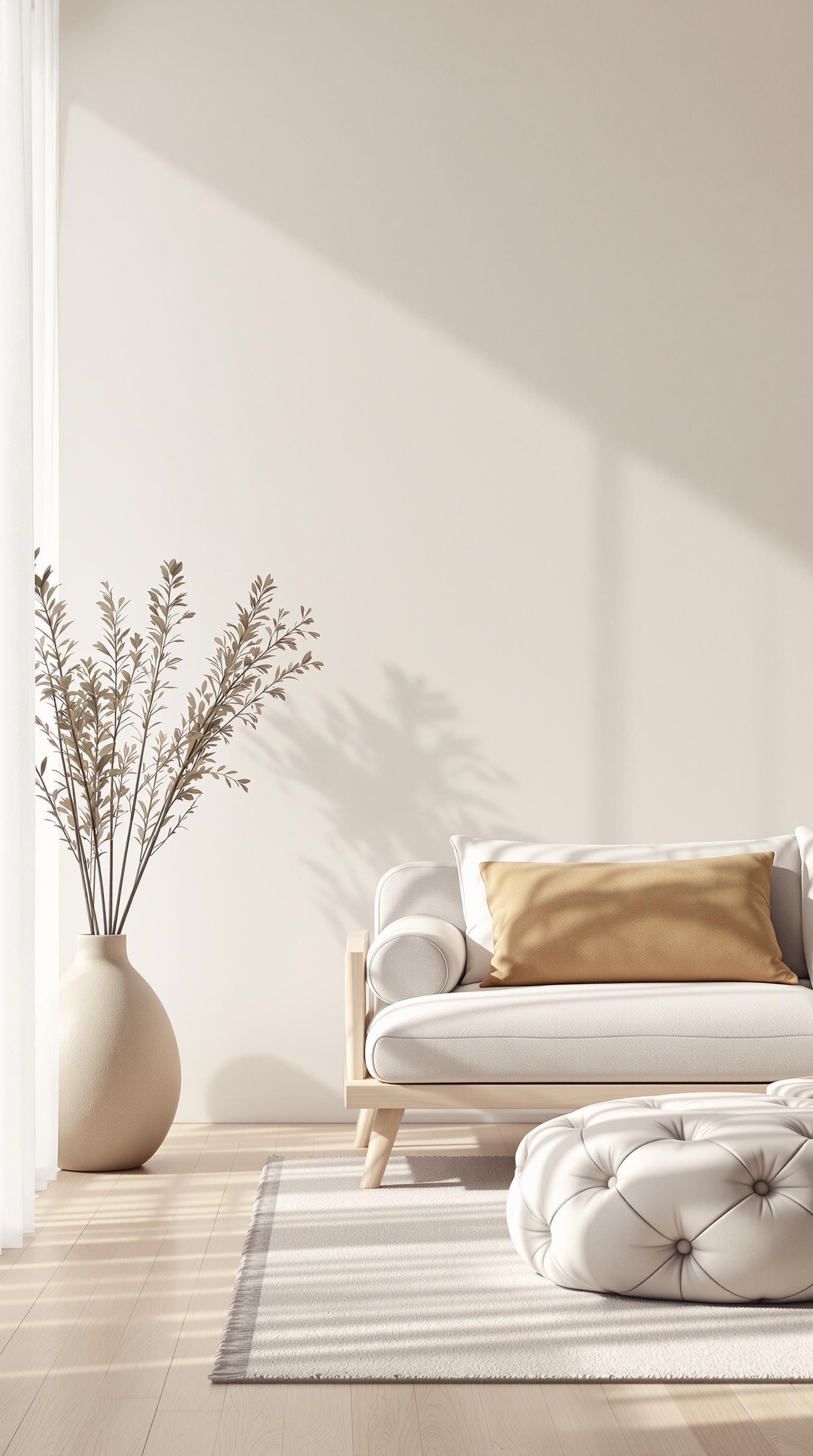 Ein stilvoller Wohnraum mit minimalistischen Möbeln, großen Fenstern und Pflanzen.