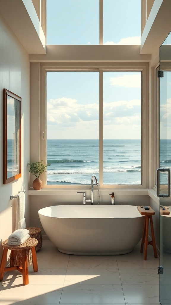 Luxuriöses Japandi-Badezimmer mit Meerblick und minimalistischer Einrichtung