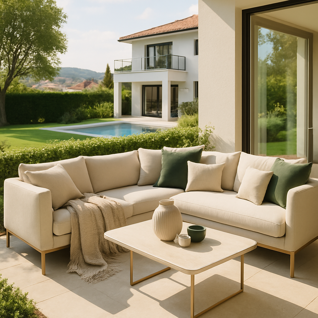 Eine stilvolle, minimalistische Outdoor-Lounge mit einem modernen Sofa und einem Couchtisch, umgeben von einem gepflegten Garten und einem Pool.