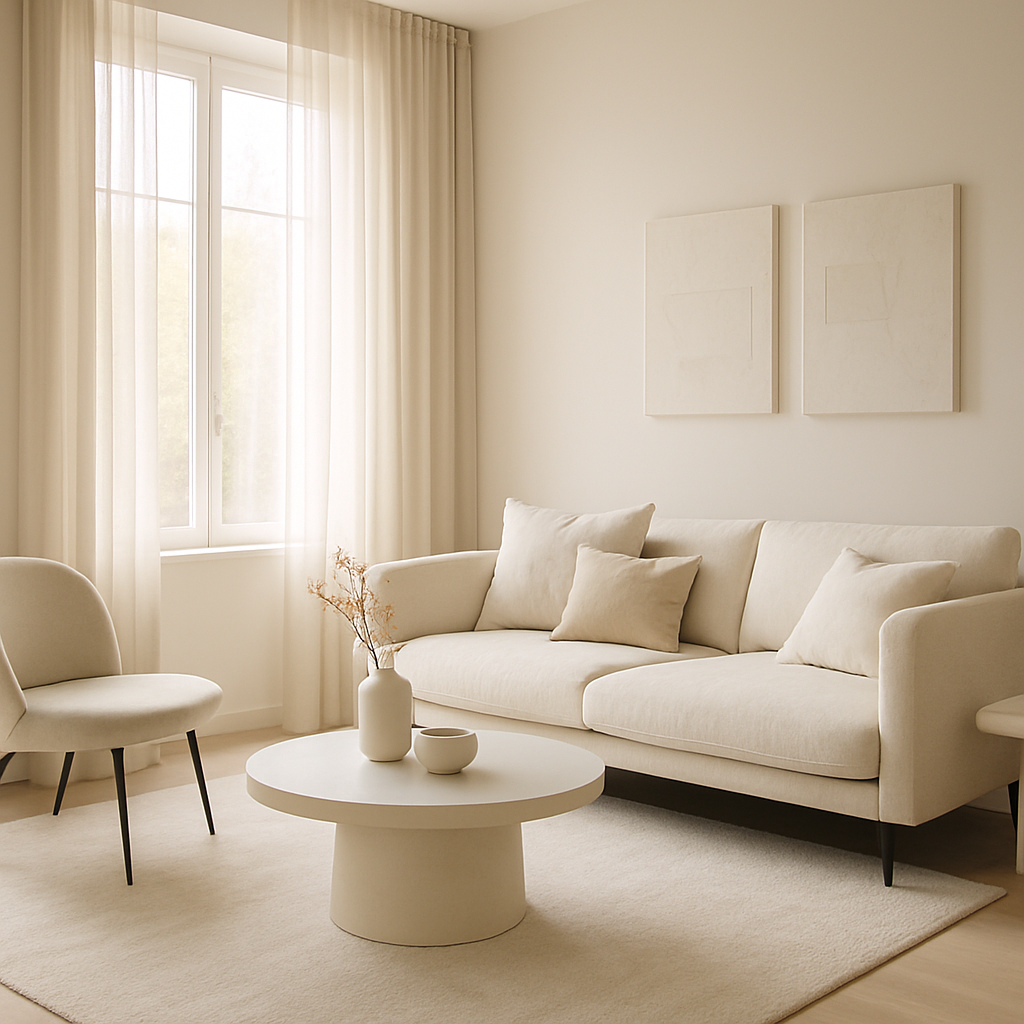 Ein minimalistisches Wohnzimmer mit hellen Vorhängen, einem Sofa und einem Couchtisch.