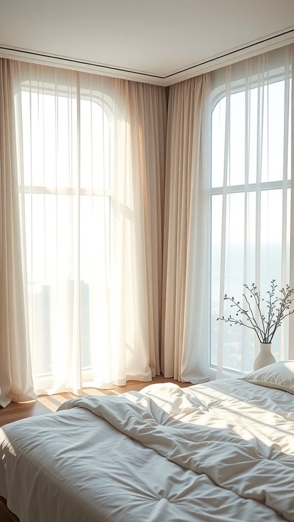 Ein Schlafzimmer mit sanften, hellen Vorhängen, die Licht durchlassen, und einem Bett mit unordentlicher Bettwäsche.