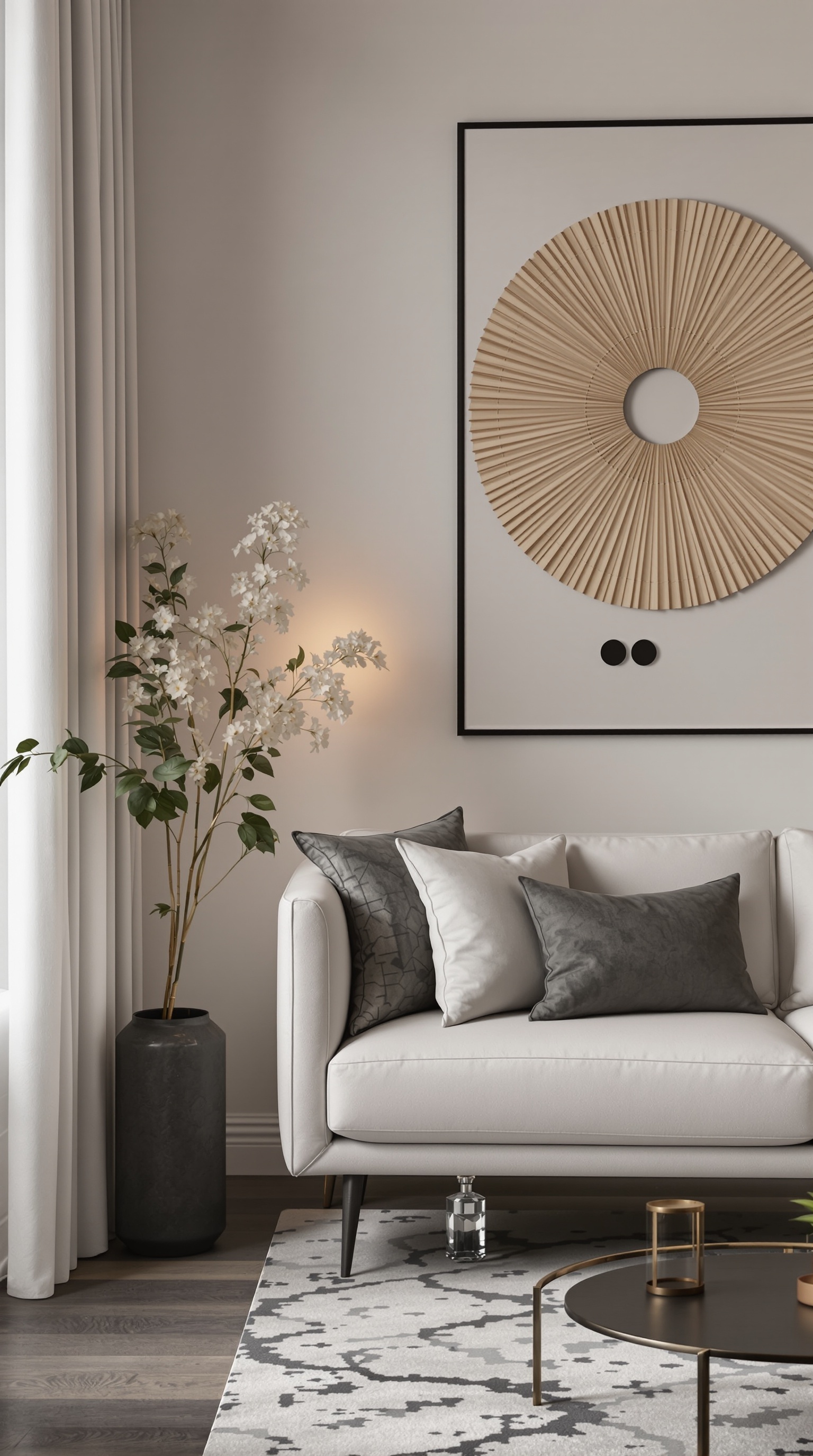 Ein stilvoller Wohnraum mit warmem Minimalismus und Art Deco-Elementen, einschließlich Pflanzen, Kunstwerken und eleganten Möbeln.