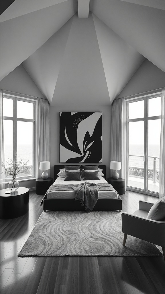 Schlafzimmer mit Schwarz-Weiß-Fotografie als Wandkunst