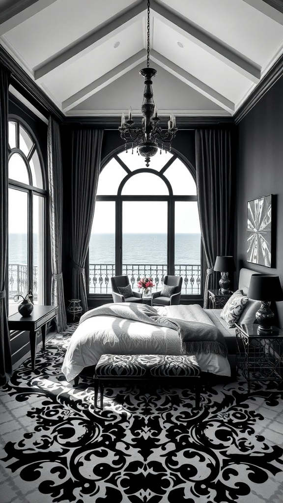 Luxuriöses Schlafzimmer in Schwarz-Weiß mit floralen Mustern und Meerblick