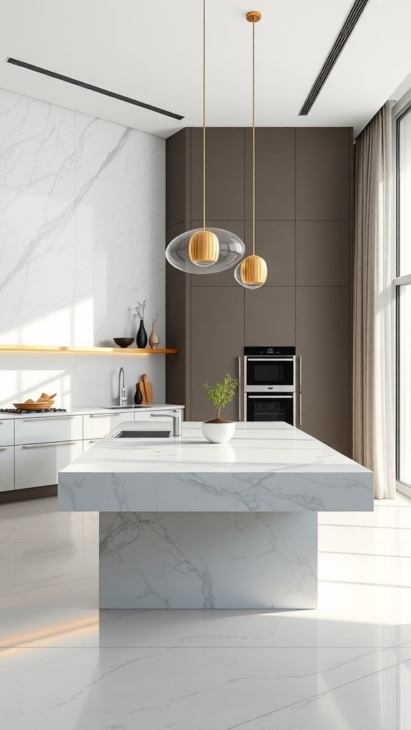 Moderne schwebende Kücheninsel aus Marmor in minimalistischer Küche