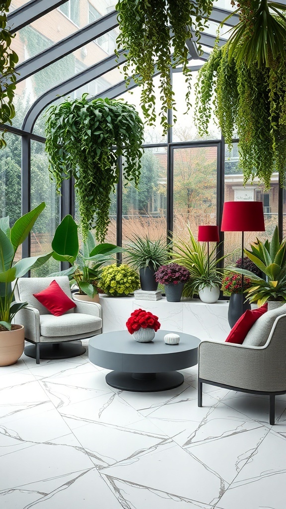 Schwebende Pflanzenarrangements in einem modernen Wintergarten mit gemütlichen Sesseln und einem runden Tisch.