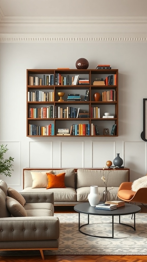 Ein stilvolles, schwebendes Bücherregal mit bunten Buchrücken in einem minimalistischen Wohnzimmer.