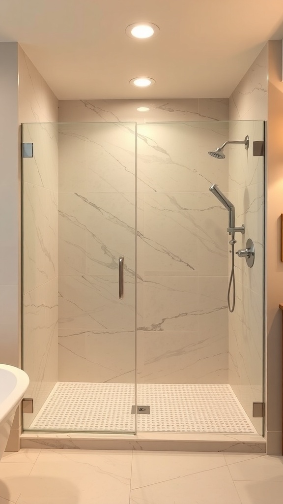 Moderne Walk-In-Dusche mit nahtlosem Übergang im Badezimmer