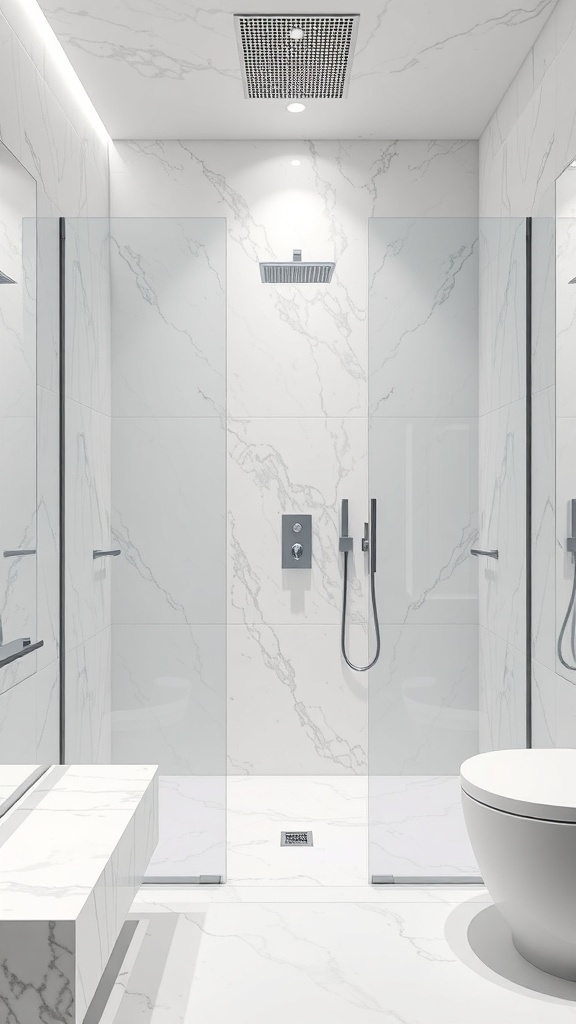 Moderne, schwellenlose Dusche mit Marmoroptik und klaren Linien