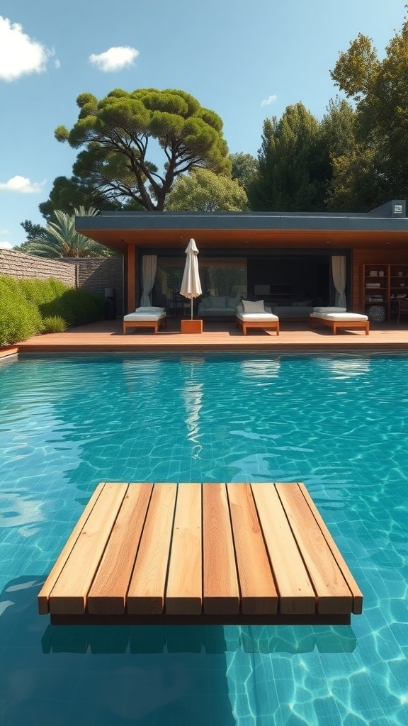 Schwimmende Holzplattform in einem Pool mit grünem Hintergrund