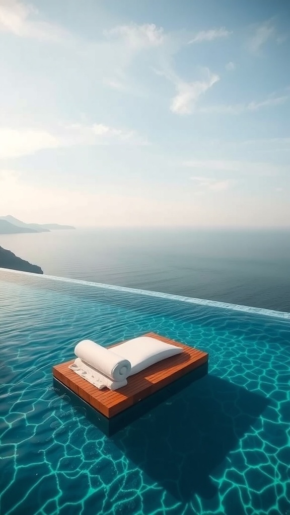 Luxuriöse schwimmende Loungemöbel am Infinity-Pool mit Blick auf die Stadt