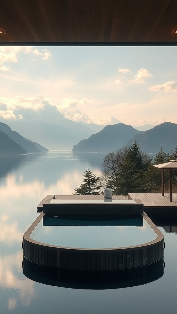 Ein Schwimmender Pool in der Natur, umgeben von Bergen und Wasser