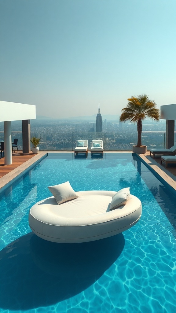 Schwimmendes Lounge-Sofa im Pool mit Blick auf die Stadt