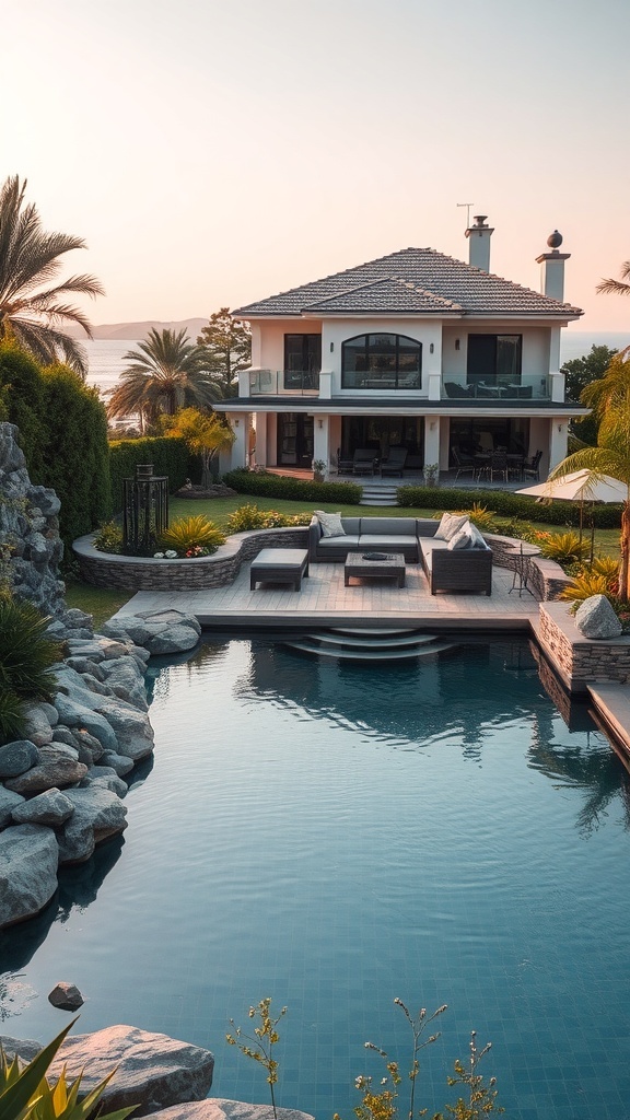 Ein luxuriöser Schwimmteich umgeben von Pflanzen und Steinen, mit einem eleganten Haus im Hintergrund.