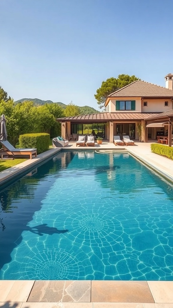 Ein schöner Schwimmteich mit Liegen und einer ruhigen Umgebung, ideal für Familien.