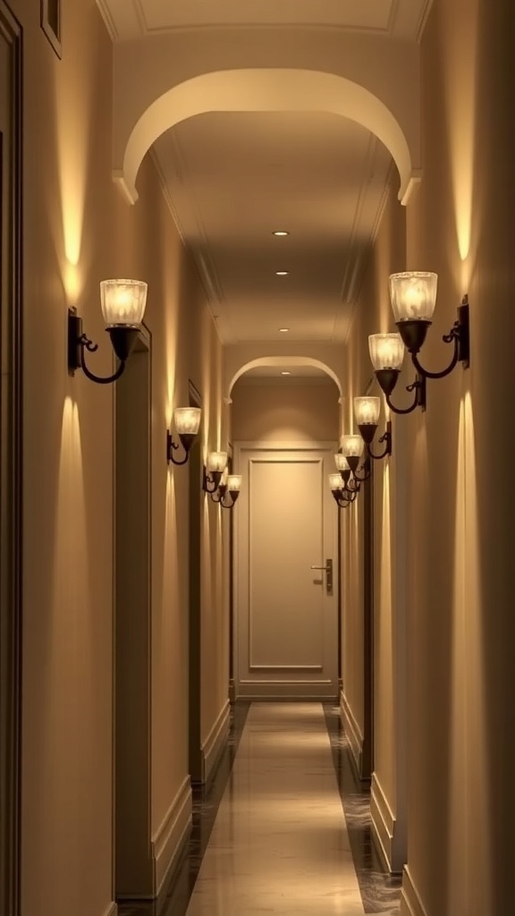 A well-lit hallway featuring elegant wall sconces that provide soft illumination.