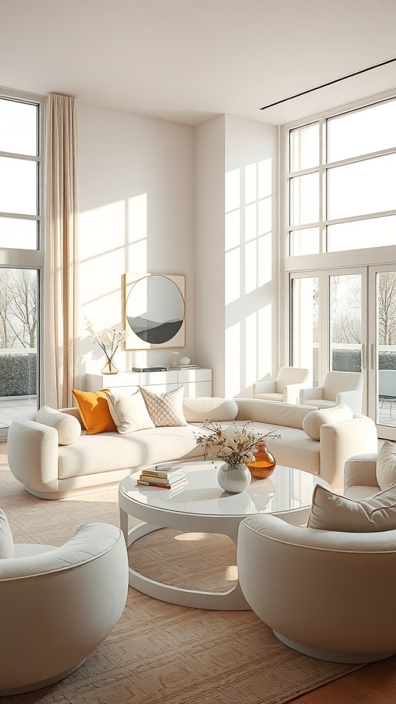 Ein modernes Wohnzimmer mit skulpturalen Möbeln und Accessoires, großen Fenstern und sanften Farben.