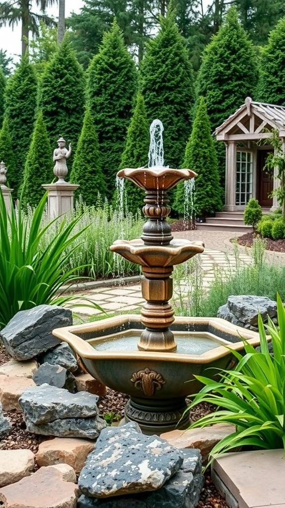 A beautiful tiered fountain surrounded by greenery and rocks in a garden setting.