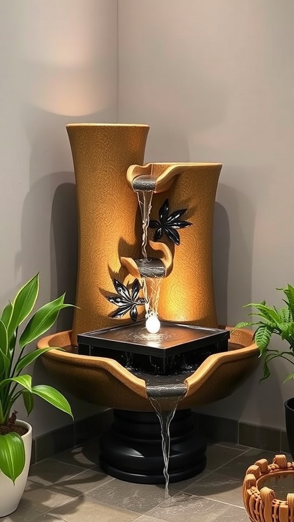 A sculptural art fountain with cascading water and plant decor