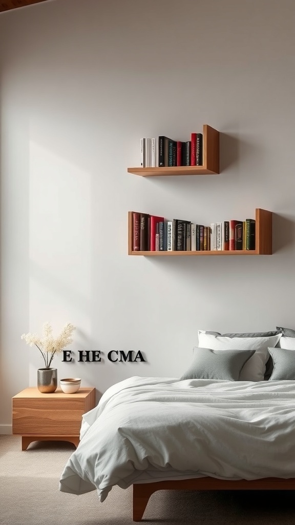 A modern sculptural bookshelf design with two asymmetrical wooden shelves displaying books, set in a cozy bedroom.