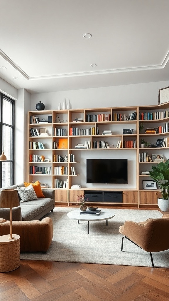 A modern living room featuring a sculptural bookshelf with books and decorative items, complemented by stylish furniture.