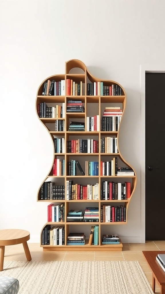A sculptural bookshelf designed to resemble a guitar, filled with books, showcasing a unique and artistic style.