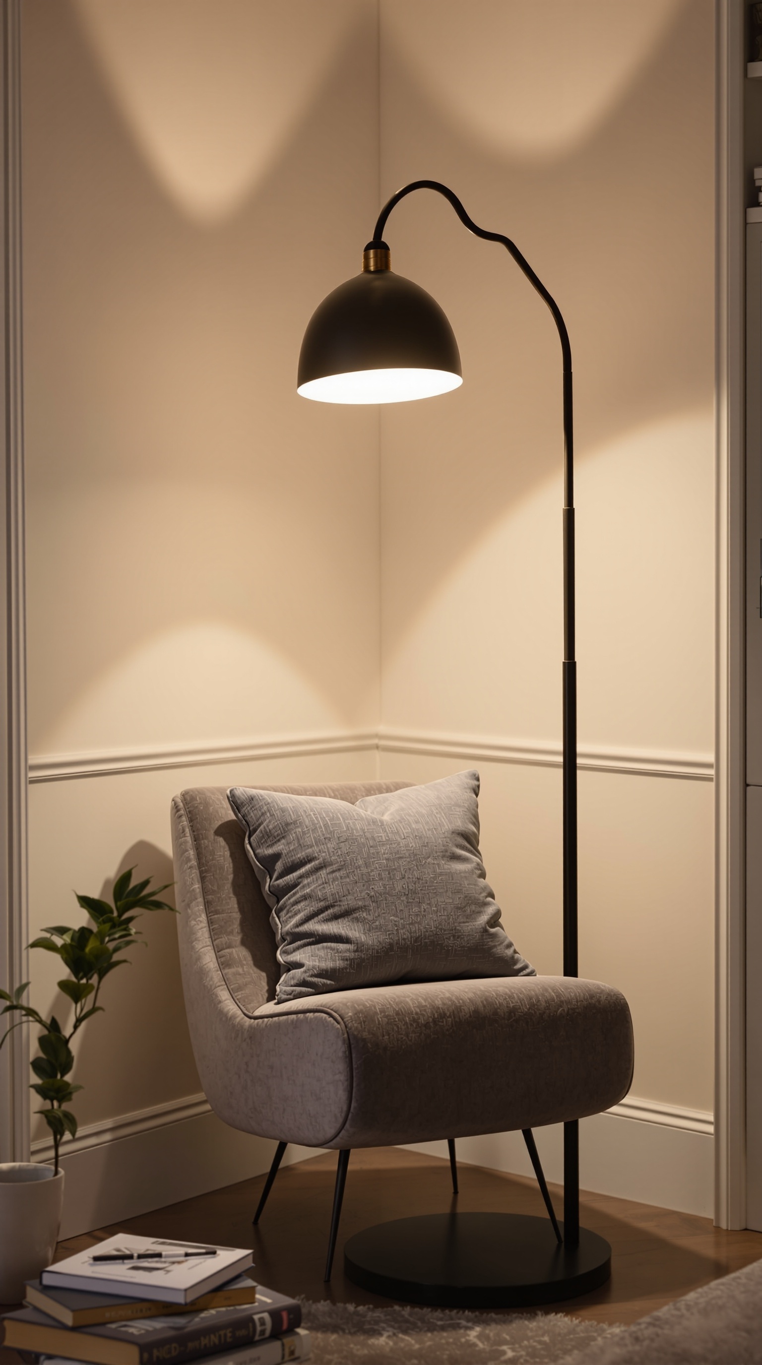 A cozy seating area with a sculptural floor lamp, two armchairs, and a patterned rug.