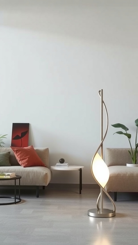 A modern sculptural floor lamp with a twisting design, illuminating a cozy living room with neutral sofas and decorative accents.