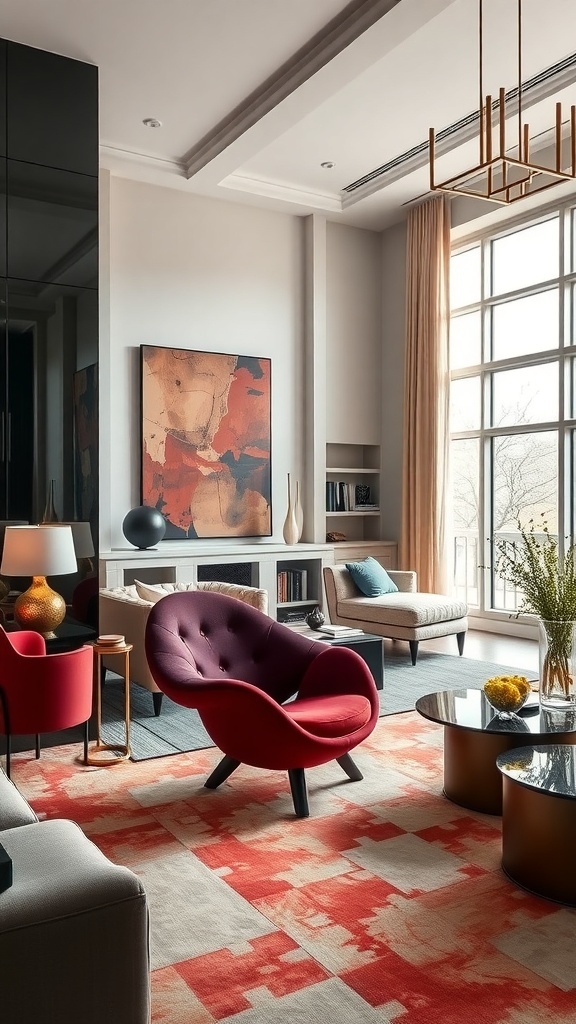 A stylish living room featuring sculptural furniture in cherry red and neutral tones.