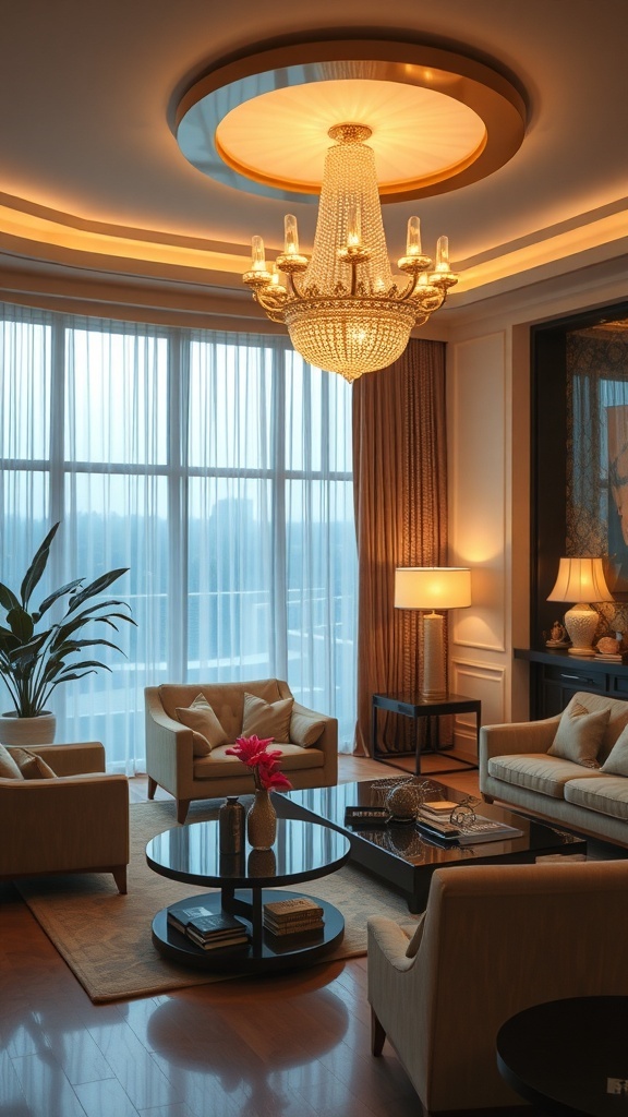 A luxurious living room featuring a stunning chandelier and elegant furnishings.