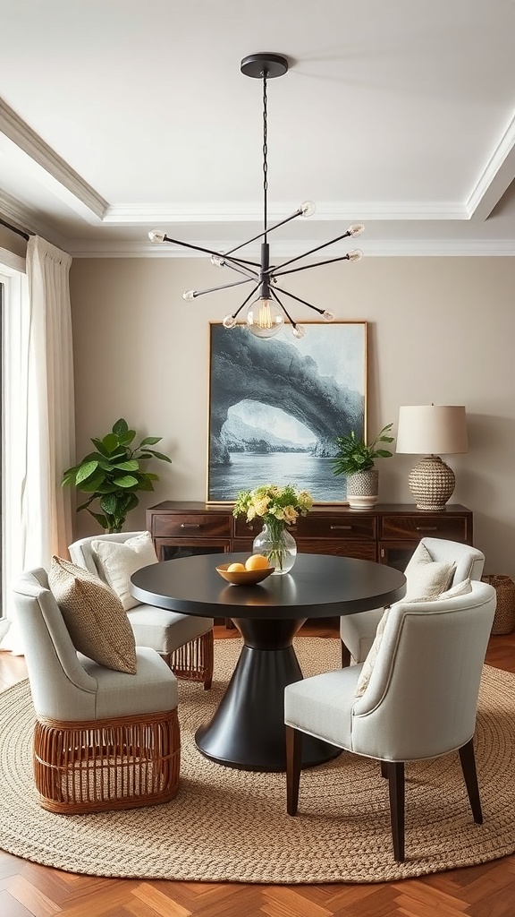 A modern dining area featuring a sculptural chandelier, round table, and soft upholstered chairs.